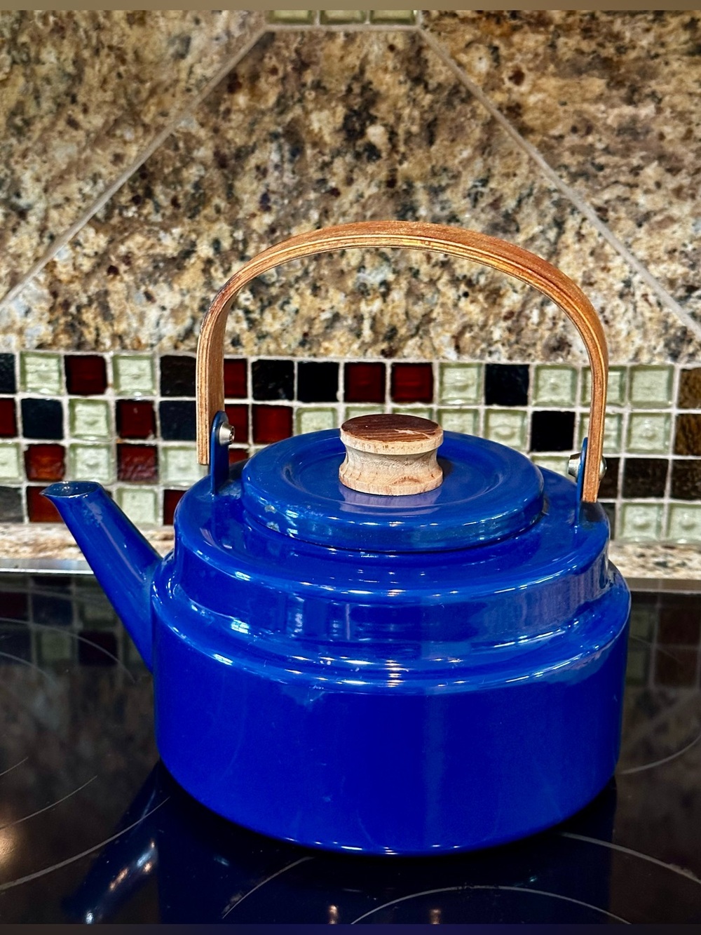 Cobalt Blue Tea Kettle with Teak handle and lid top. Danish Style Pre-owned